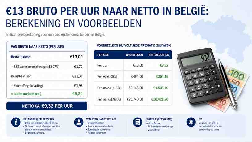 €13 bruto per uur naar netto in België: berekening en voorbeelden